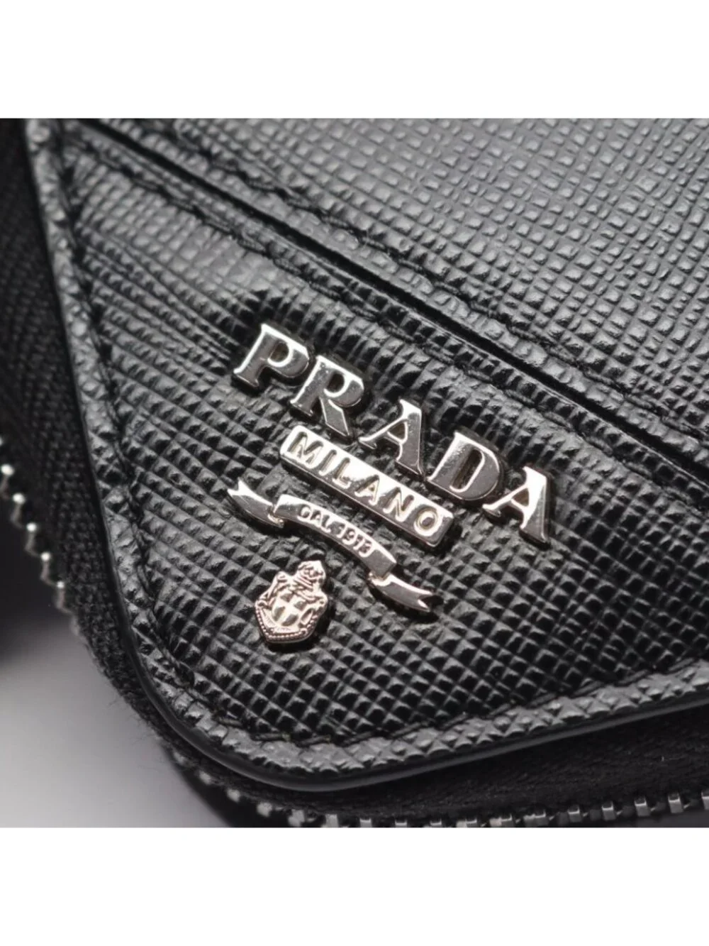 Prada Round Wallet Black Saffiano Leather Metal Logo
